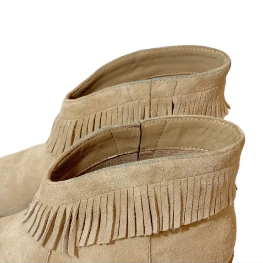 Joie Makena Suede Western Ankle Boots Tan Beige Fringe Size 36.5